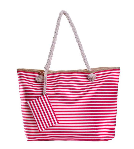 Grote waterafstotende strandtas met rits 58 x 38 x 18 cm gestreept bes wit shopper schoudertas